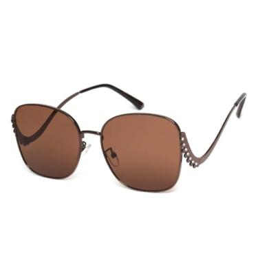 Imagem de HPIRME Óculos femininos retrô oversized com armação de metal dourado curvado e lentes de luxo com proteção UV400 (C4)