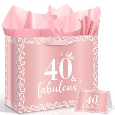 Imagem de Yoirrat Bolsa de presente de aniversário de 40 anos para mulheres com papel de embrulho e cartão rosa ouro rosa grande bolsa de 40 anos de aniversário 40 anos e fabulosa lembrancinhas de festa de