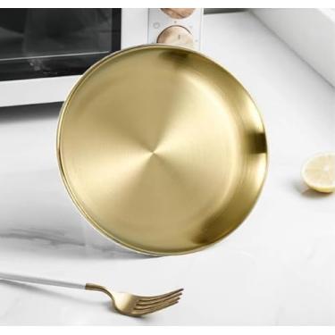 Imagem de Prato de jantar de aço inoxidável, prato de servir de metal dourado para churrasco, sobremesa, salada e buffet, utensílios de mesa de cozinha reutilizáveis
