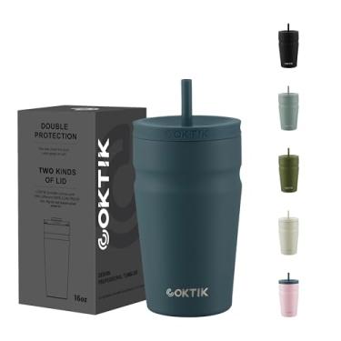 Imagem de COKTIK Copo isolado de 473 ml com tampa e canudo 2 tampas (canudo/lipo) copo de café gelado reutilizável de aço inoxidável garrafa de água porta-copos amigável para mulheres homens ela ele (neblina