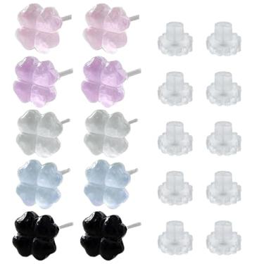 Imagem de Conjunto de 5 pares de brincos coloridos de trevo de quatro folhas transparentes para orelhas sensíveis, brincos de plástico de silicone macio DLAND com costas, brincos claros coloridos leves em 5