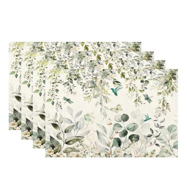 Imagem de Conjunto de tapetes de primavera com 10 x 45 cm, verde, floral, pássaro, folha de eucalipto, decoração de verão, jogo americano retangular, tapete de mesa de primavera para festa, casa, cozinha