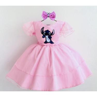 Imagem de Vestido Infanti Temático Stich Rosa Luxo E Tiara - Pingo De Gente, Ros