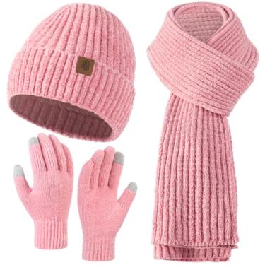 Imagem de Conjunto de luvas de gorro de inverno para mulheres, gorro de inverno forrado com lã despojado, gorro de caveira, cachecol longo de tricô, luvas de tela sensível ao toque para mulheres e homens