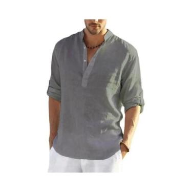 Imagem de Camisa Masculina Casual De Algodão E Linho De Manga Longa Com Gola Alt