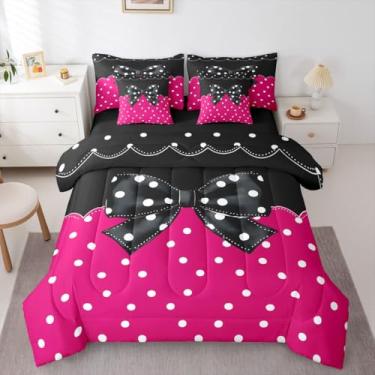 Imagem de Feelyou Conjunto de edredom com estampa de laço, 7 peças, para crianças, meninos, meninas, rosa e preto, conjunto de lençol com edredom kawaii, com laço kawaii, decoração de quarto