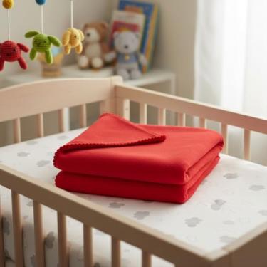 Imagem de Manta Cueiro Bebê em Malha Dupla 100% Algodão com Pompom 70x80cm Hipoalergênica Macia e Confortável Vermelho