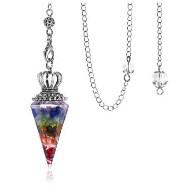 Imagem de Jovivi Pêndulos de cristal de cura de 7 chacras naturais para adivinhação e 6 coroas hexagonais pontiagudas de resina, pedras de lascas de resina, pingente de pêndulo de pedra preciosa do Reiki, Chakra, pingente de bruxaria Wicca