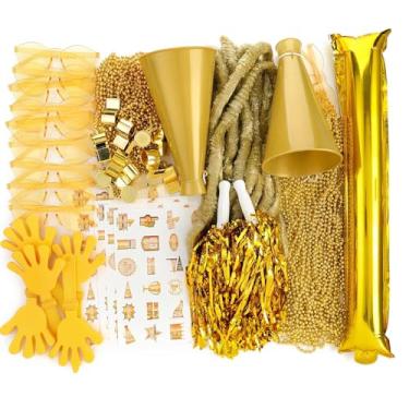 Imagem de Soulchen 360 peças de acessórios de espírito de equipe escolar dourado sortido dia do time palitos de trovão apitos de mão apitos megafone pompons de torcida óculos adesivo para eventos esportivos