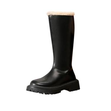 Imagem de Botas femininas com forro de lã bico redondo salto médio sola grossa plus size botas quentes outono inverno, Preto, 38