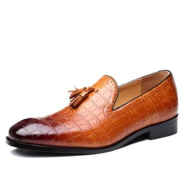 Imagem de Sapato social masculino estilo britânico sem cadarço de couro clássico esculpido formal sapatos de negócios mocassim com borla, Marrom, 37 BR