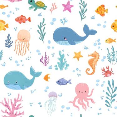 Imagem de VaryFloral Papel de parede de desenho animado mundo subaquático bonito peixe baleia água-viva cavalo marinho papel de parede para quarto de crianças berçário papel de contato de animais marinhos de