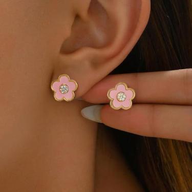 Imagem de 1 par de brincos de cinco flores com incrustação de zircão no meio, joias modernas, brincos femininos encantadores, presentes finos para festas, pink, Cobre, Sem pedra preciosa