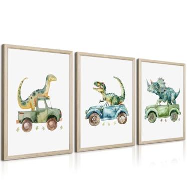 Imagem de Arte de parede de berçário de dinossauro, pôster em tela infantil, decoração de parede de berçário, imagens de dinossauros verdes, desenhos animados, pintura de carro, arte de quarto de meninos, 40 x