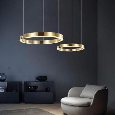 Imagem de Luminária pendente de LED para mesa de jantar, regulável, dourada rosê, design moderno com anéis, lustre de alumínio para sala de jantar, luminárias pendentes para escadas, luminária de mesa