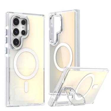 Imagem de POYUFRG Capa magnética para Samsung Galaxy S26 Ultra/S26 Plus/S26, capa de telefone fina gradiente com proteção de lente de metal, capa de suporte, branca, S26