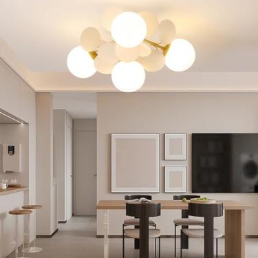 Imagem de Lustre Sputnik com 8 Globos de Vidro G9, Acabamento Dourado Fosco, Estilo Meados do Século XX, Luminária de Teto Ajustável, Pendente Vintage para Sala de Jantar, Cozinha, Quarto e Casa de Ca