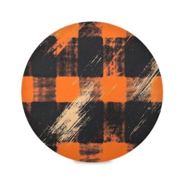 Imagem de STAYTOP Jogo americano redondo retrô laranja e preto, xadrez, 6 peças, tapetes de mesa antiderrapantes fáceis de limpar para decoração de mesa de festa e churrasco
