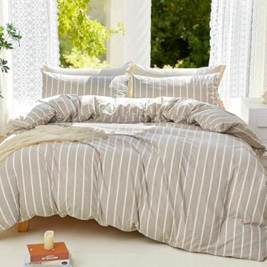 Imagem de DONEUS Conjunto de capa de edredom listrado, tamanho Queen, 100% algodão lavado, 3 peças, super macio, respirável, confortável, natural, linho, texturizado, com fecho de zíper (listras largas de linho