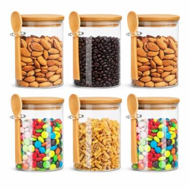 Imagem de Potes de Vidro com Tampa de Bambu e Colher, Conjunto de 6, Recipientes Herméticos para Armazenamento de Alimentos