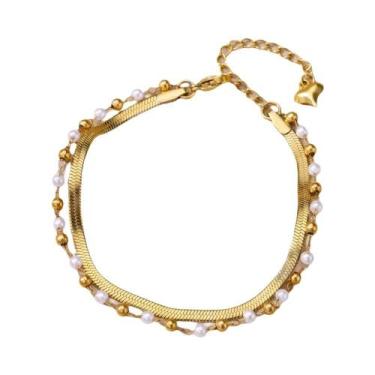 Imagem de Tornozeleira De Pérolas Em Aço Inoxidável Banhado a Ouro 18K Para Mulh