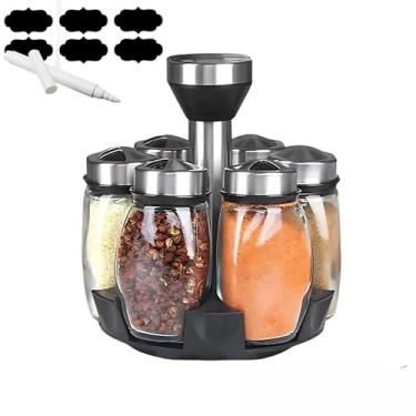 Imagem de Porta Temperos Giratório Inox com 6 Potes de Vidro | Suporte Organizador de Especiarias para Cozinha(Porta tempero Adesivo+Caneta)
