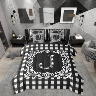 Imagem de Erosebridal Conjunto de cama de casal xadrez buffalo, preto e branco, com letra J, personalizado, 7 peças, para crianças, adolescentes, adultos, jogo de cama geométrico, vintage, estética