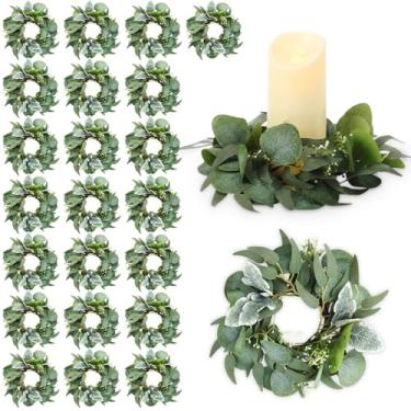Imagem de Zeyune 24 peças de anel de vela de eucalipto, guirlandas, folhas de vegetação artificial, respiração do bebê, suporte de pilar, guirlanda, suporte de vela para decoração de mesa de chá de noiva