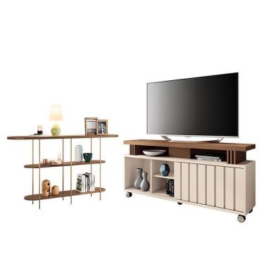 Imagem de Rack Bancada Rivera 1.3 Com Aparador Infinity Castanho Off White – Hb Móveis