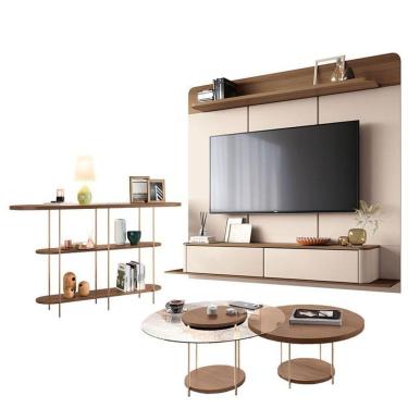 Imagem de Home Suspenso Galax Castanho Off White E Aparador Infinity E Kit Mesa De Centro Sky Castanho- Hb Móveis