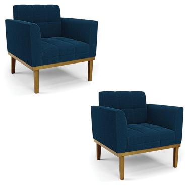 Imagem de Poltrona Sala Base Madeira Fixa Castanho Kit 2 Elisa Bouclê D03 - D'rossi Cor Azul