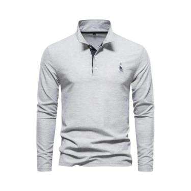 Imagem de Camisas Polo Masculinas Com Bordado De Cervos, Manga Comprida, Cor Sól