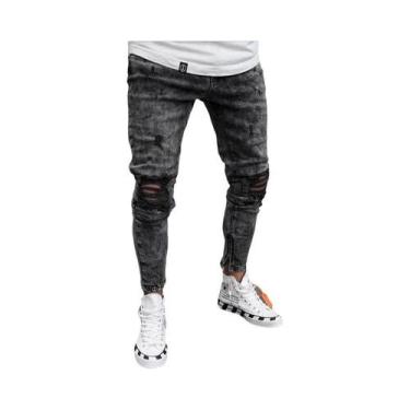 Imagem de Calças Jeans Skinny Rasgadas De Hip Hop Para Homens, Casual, Em Algodã