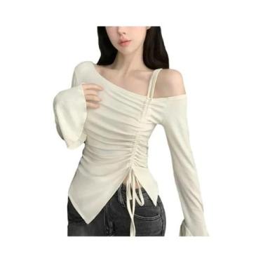 Imagem de Blusa Feminina De Algodão Manga Longa Cropped Ombro a Ombro Com Manga 