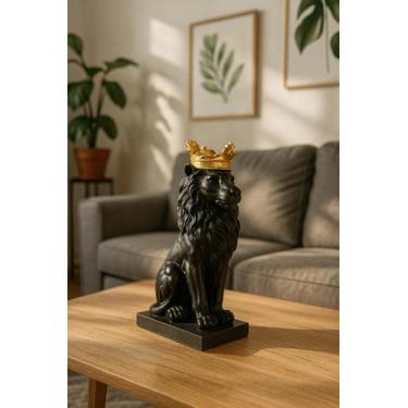 Imagem de Estatua Leão Coroa 18Cm Decoração Luxo Juda Sala Escritorio Preto - Pa