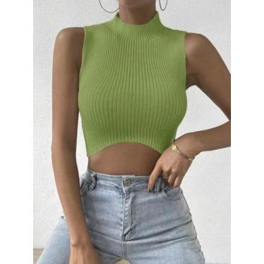 Imagem de Colete De Suéter Cropped Feminino Sem Mangas Com Gola Alta Em Tricô Ca