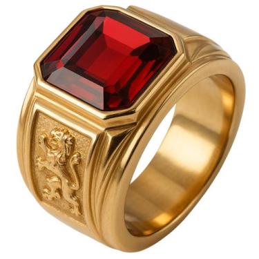 Imagem de Anel Masculino Comendador Banhado Ouro 18k Pedra Vermelha Granada Gran