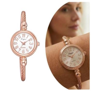 Imagem de Relógio Feminino Dourado Rosé Quartz Pequeno Analógico Ajustável - PEN
