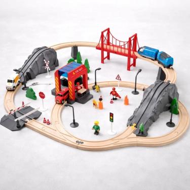 Imagem de Play Set de Trem Bombeiros com 70 Peças em Madeira Brinquedo Educativo Tooky Toy