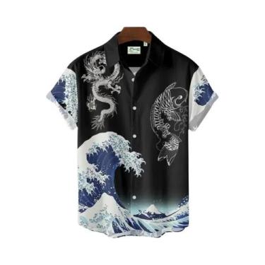 Imagem de Camisas Havaianas Masculinas Com Estampa 3D, Manga Curta, Estilo Casua