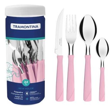 Imagem de Faqueiro Tramontina New Kolor Rosa 24 Peças Aço Inox no Pote