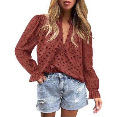 Imagem de Blusa Feminina PRETTYGARDEN com Decote V, Manga Longa Bufante, Tamanho