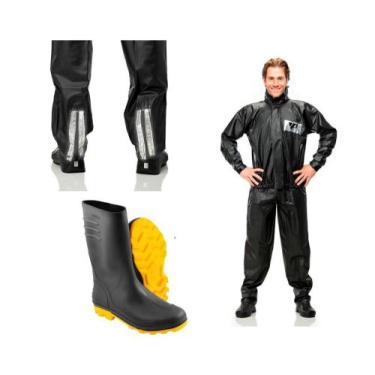 Imagem de Capa Roupa Chuva + Bota Solado Vestuário Jaqueta Calça Pantaneiro Pvc 