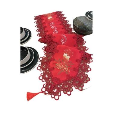 Imagem de Caminho De Mesa Vermelho Com Sino De Natal E Vela, Bordado À Mão Com F
