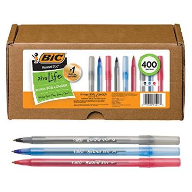 Imagem de BIC Caneta Esferográfica Round Stic Xtra Life, Ponta Média (1,0 mm), Preto/Vermelho/Azul – Caixa com 400 canetas esferográficas sortidas