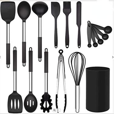 Imagem de Conjunto de utensílios de cozinha 17 peças com raspador de pinças de silicone de aço inoxidável antiqueimadura para cozinhar panela, cozinha (preto)