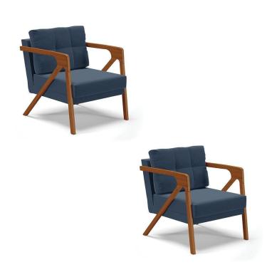 Imagem de 02 Poltronas Suede Azul Marinho Base De Madeira Castanho