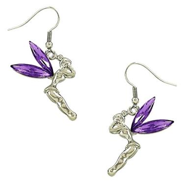 Imagem de DianaL Boutique Brincos de fada Tinkerbell com asas de cristal roxo, caixa de presente, sino de sino