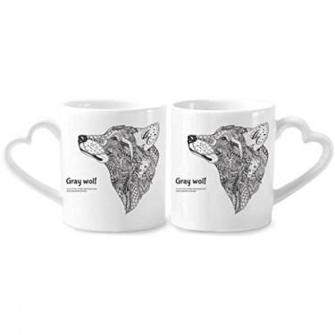 Imagem de Conjunto de canecas de porcelana para casais, lobo, amiga, cinza, com alça de coração