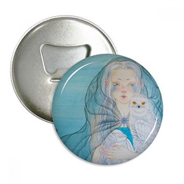 Imagem de Imã de geladeira em aquarela estilo chinês coruja azul branco menina abridor de garrafas emblema multifuncional
